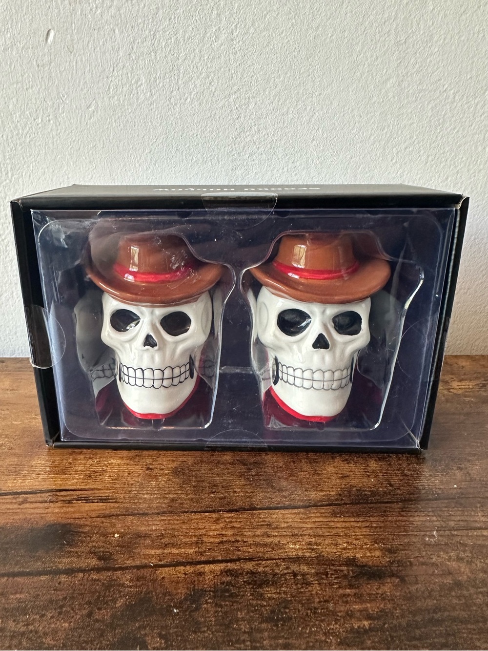 Skulls with Cowboy Hats Salt and Pepper Shaker Set White and Brown NEW in Pkg